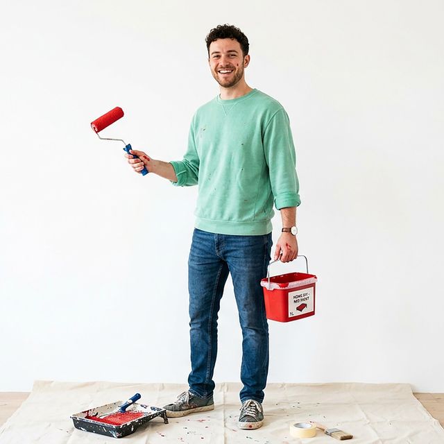 Photo: Man in a green sweater holding a paint roller and a red paint bucket in a white room with painting supplies on the floor