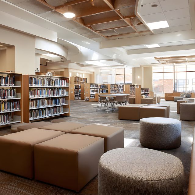 Photo: Bright public library reading area with bookshelves and round seating