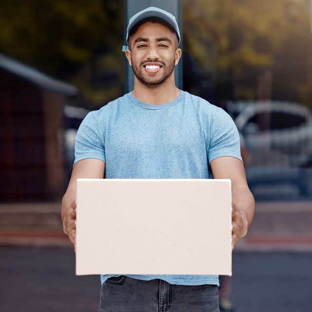 Photo: Smiling man in a blue t-shirt and cap holding a cardboard box in front of him