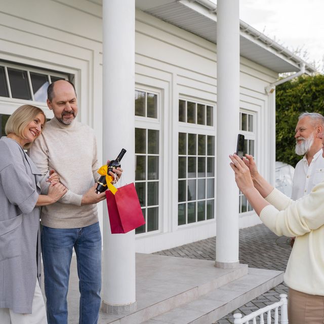 Photo: Older adults chatting in front of a white house with a front porch