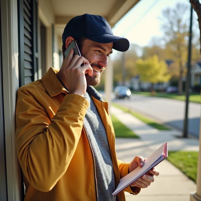 Smiling man in a navy cap and amber jacket on a front porch talking on a smartphone and writing a note on a small notepad