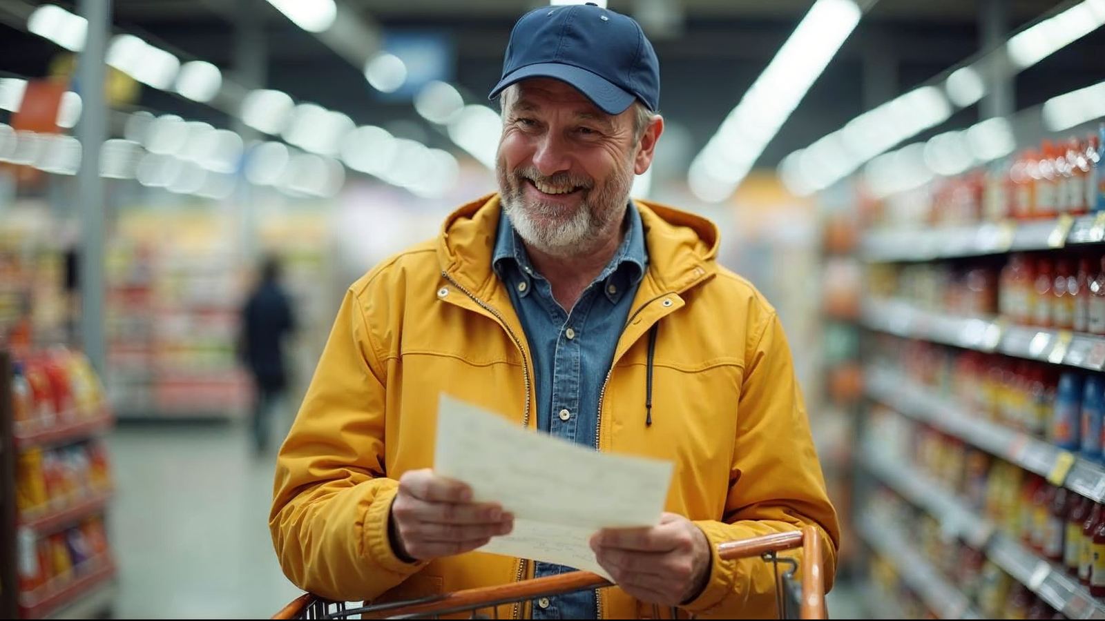 Smiling man in a navy cap and amber jacket holding a shopping basket and checking a handwritten list in a grocery store aisle