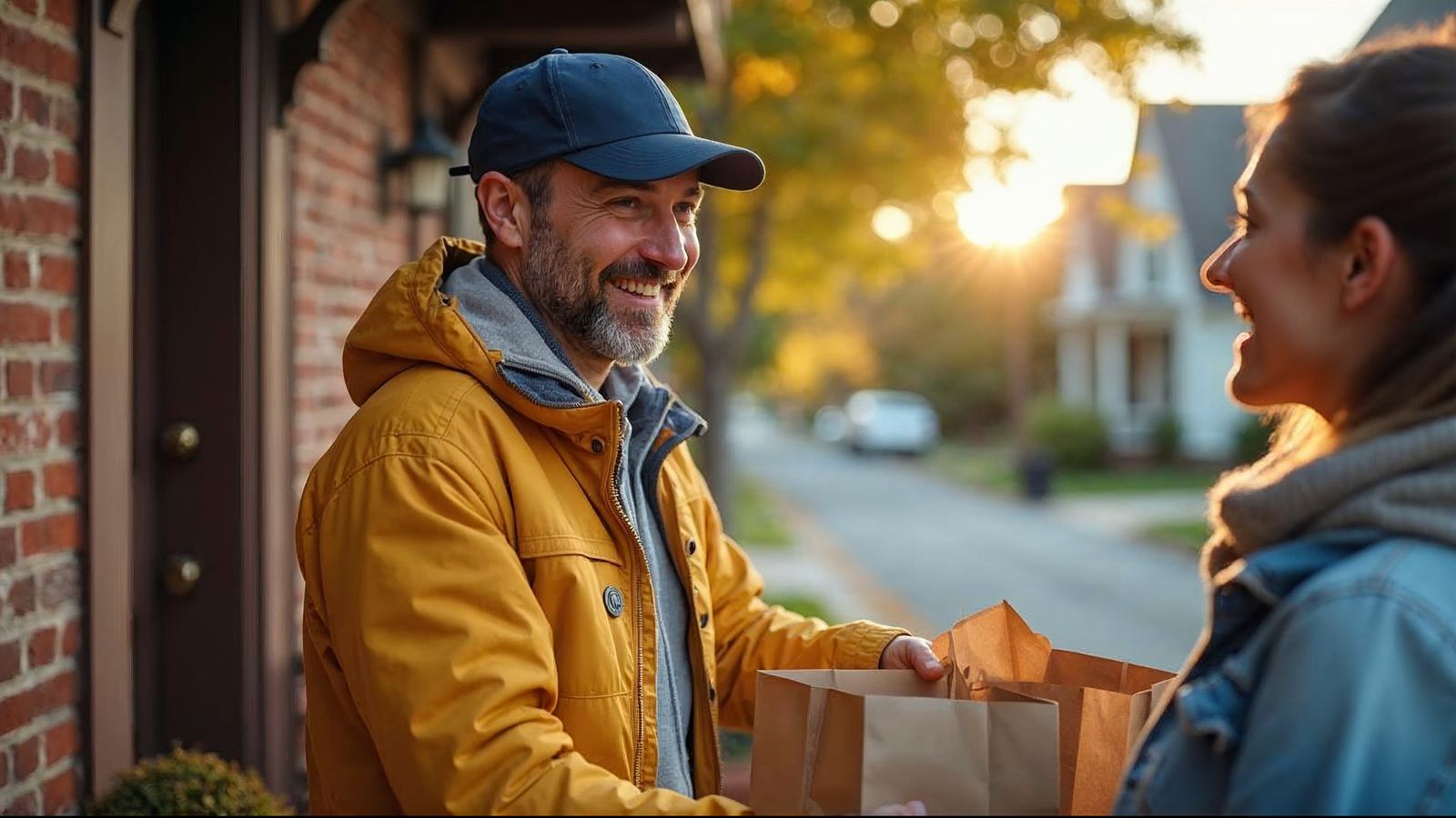 Smiling man in a navy cap and amber jacket handing two paper grocery bags to a smiling woman at the front door of a brick house on a tree-lined street
