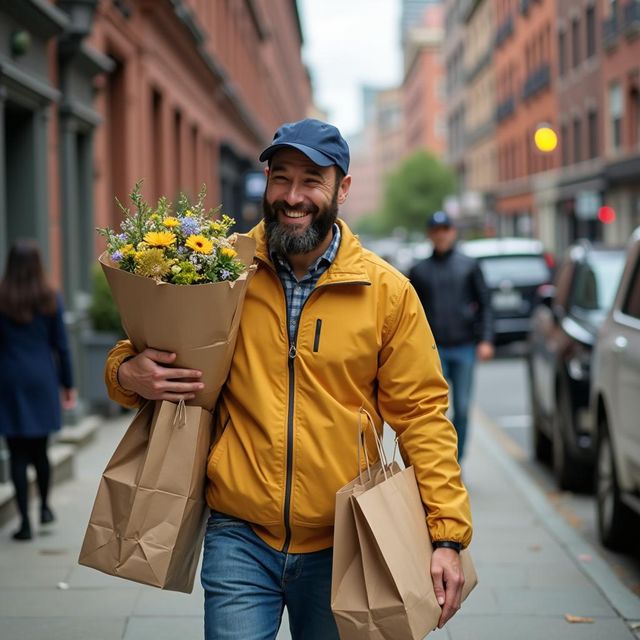 Photo of a smiling man in a navy cap and amber jacket walking down a city sidewalk carrying grocery bags, a cardboard parcel and a bouquet of flowers past historic brick buildings
