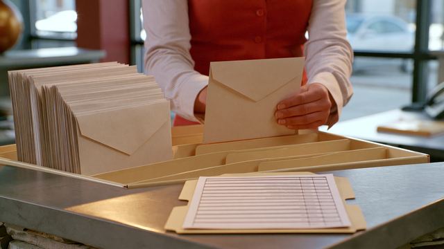 Hands sorting a stack of envelopes at a mailing counter