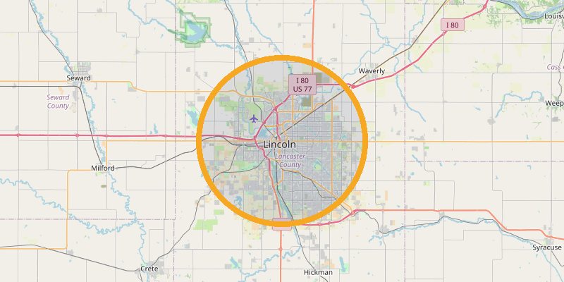 Map of Lincoln, Nebraska with an amber ring around the city