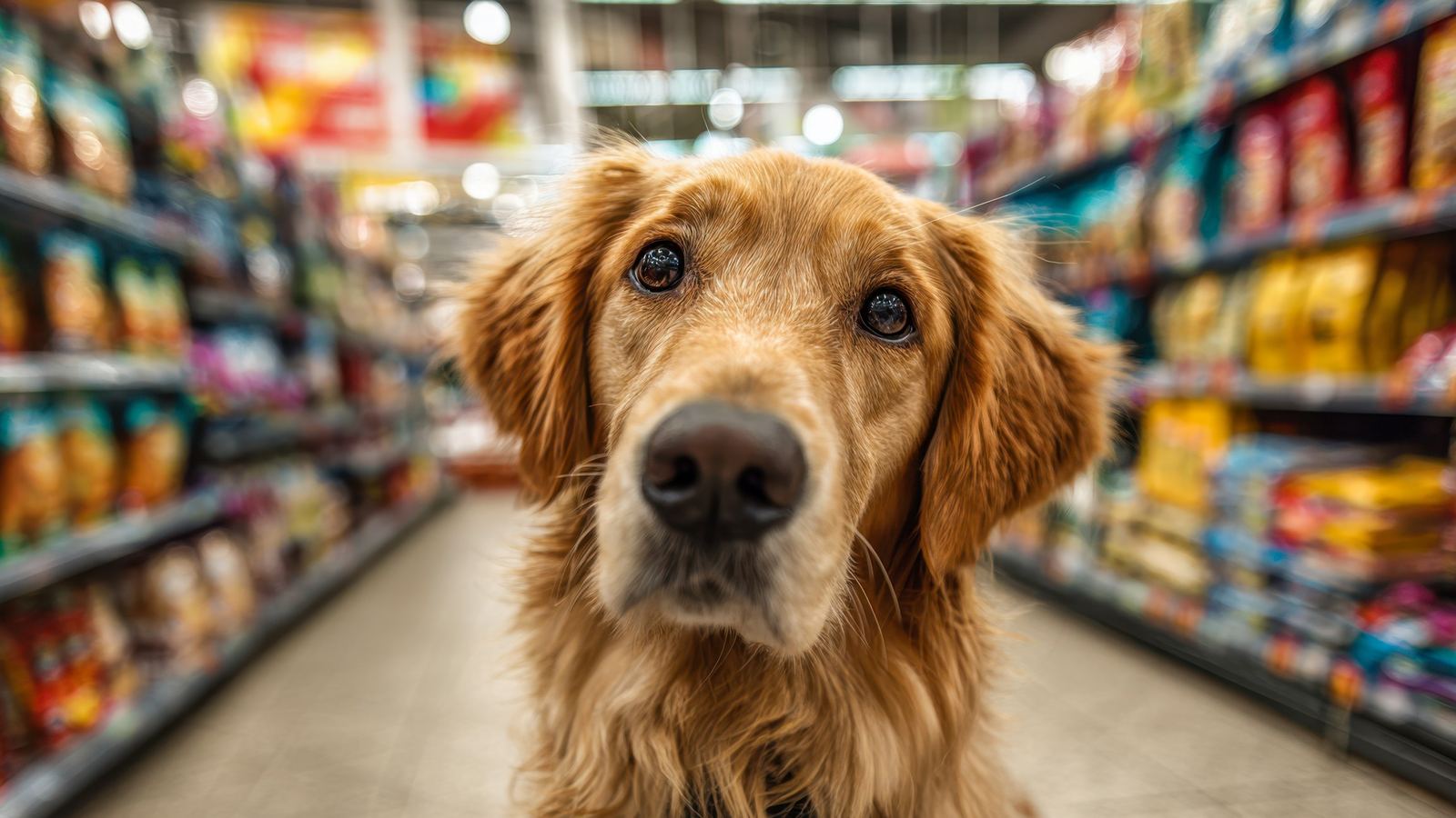 Golden retriever looking at the camera in a pet store aisle lined with bags of pet food