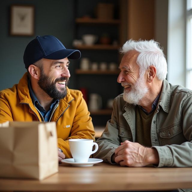 Smiling man in a navy cap and amber jacket laughing over coffee with a smiling older man with white hair at a kitchen table