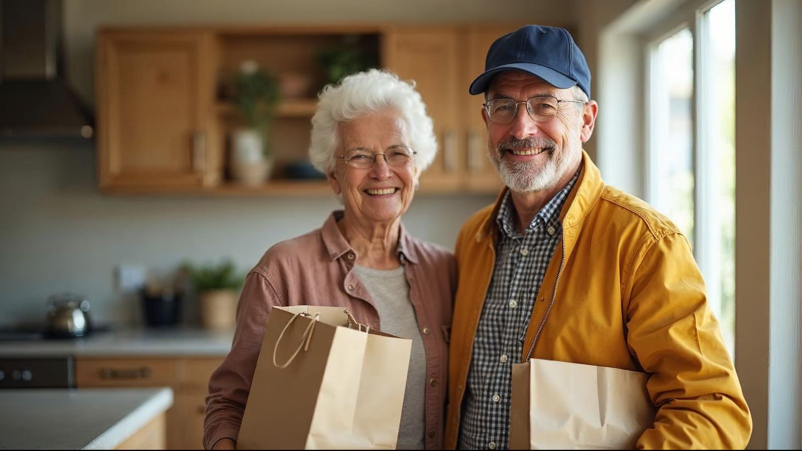 Smiling older woman with white hair in a bright kitchen beside a smiling man in a cap and amber jacket, both holding paper grocery bags